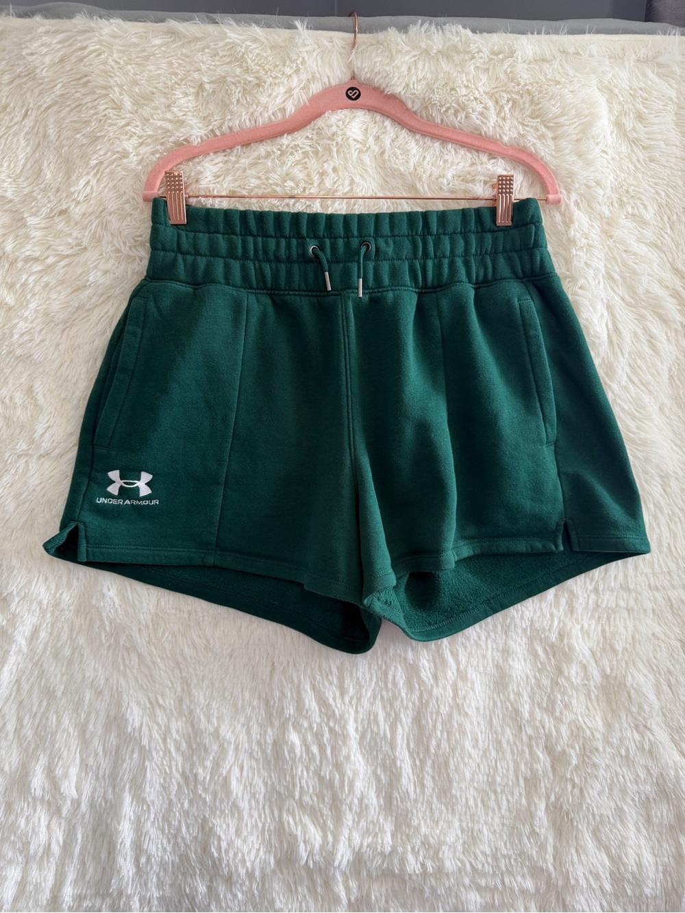 Under Armour UA Womens Essential Fleece Shorts Size L Green Loose Gym Workout
